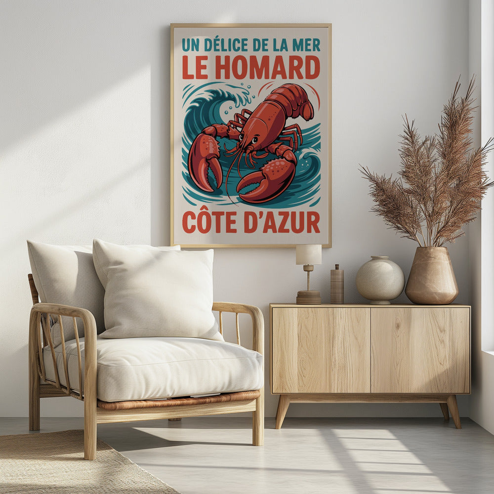 A vintage-style French travel poster featuring a large, red illustrated lobster against a background of stylized blue waves. The text at the top reads 'UN DÉLICE DE LA MER LE HOMARD' and at the bottom 'CÔTE D'AZUR'. Poster