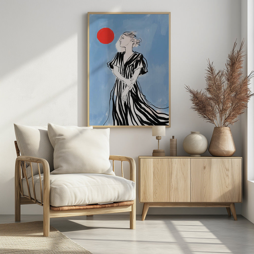 A fashion illustration of a woman in profile against a blue background. She wears a flowing black and white striped dress and her hair is in an updo. A large red circle, like a sun, is in the upper left corner. Wall Art