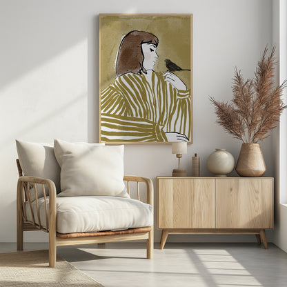 An illustration of a woman with short brown hair, viewed from the side, wearing an olive and white striped blouse. She is looking down at a small black bird perched on her shoulder against a solid textured khaki background. Print