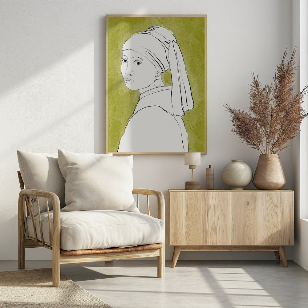 A minimalist line art interpretation of Vermeer's 'Girl with a Pearl Earring'. The portrait is rendered in simple black outlines on a white base, set against a textured olive green background and framed in black. Print