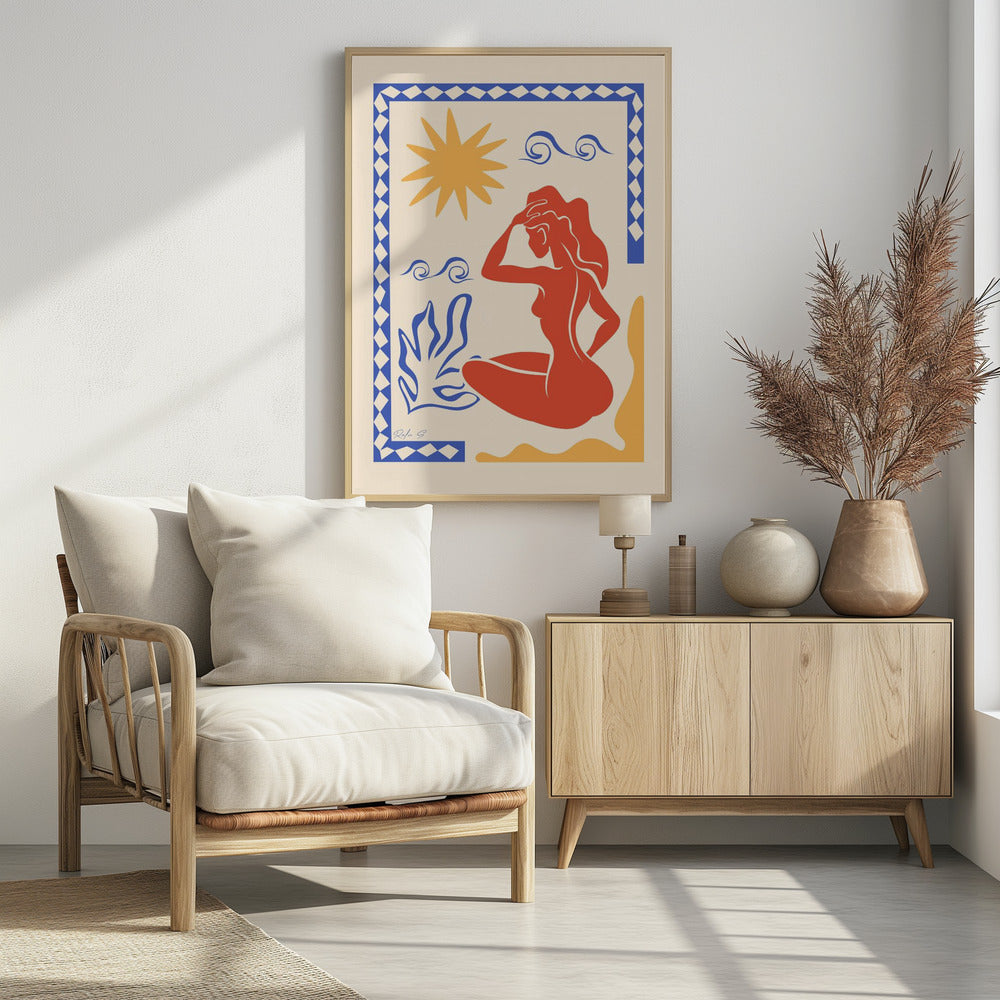 An abstract art print in the style of Matisse featuring a seated red-orange silhouette of a woman gazing outwards. The scene includes a yellow sun, blue stylized waves and a plant on a cream background, all enclosed by a blue and white patterned border. Wall Art