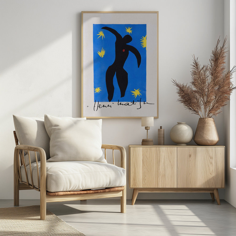 Henri Matisse's 'Icarus,' a framed print featuring a black paper cutout silhouette of a falling figure with a red heart, set against a deep blue background with yellow starbursts. The artist's signature is visible at the bottom. Poster