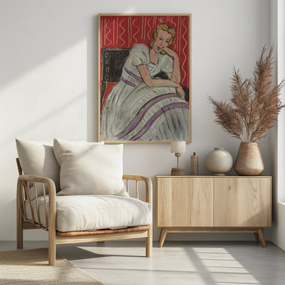 A Fauvist style painting by Henri Matisse from 1942. It features a pensive blonde woman in a white dress with purple stripes, sitting in a black chair against a vibrant red patterned background. She rests her head on her hand, looking thoughtful. Artwork