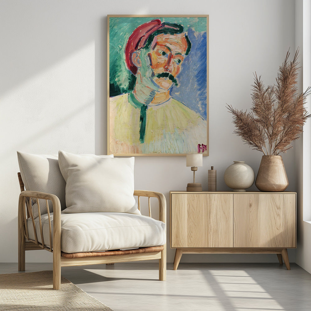 An expressionist portrait painting of a man with a thick black mustache wearing a red cap. His face is painted with a vibrant palette of orange, yellow, and pink, with green and blue used for shadows. The background is a mix of turquoise and deep blue, and the entire piece features heavy, visible brushstrokes. Artwork