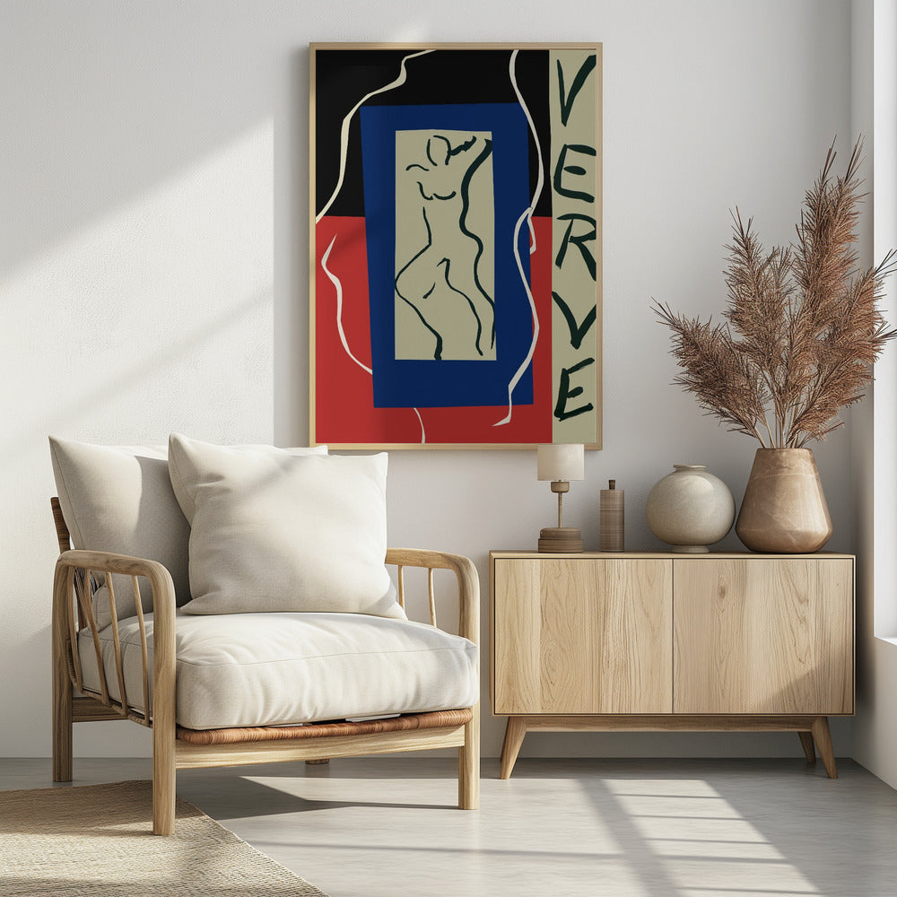 An abstract artwork by Henri Matisse featuring a stylized line drawing of a nude figure on a beige rectangle, which is set against a larger blue rectangle. The background is split between black on top and red on the bottom, with a flowing white line. On the right, the word 'VERVE' is written vertically in black letters. Decor