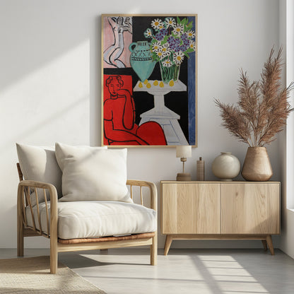 A vibrant Fauvist painting by Henri Matisse. A figure rendered in bold red sits in the foreground. Next to them, a white pedestal table holds a turquoise pitcher, a glass vase filled with white and purple daisies, and several yellow lemons, all set against a stark black background. In the upper left, a smaller picture of a grey nude figure hangs on a pink wall. Poster