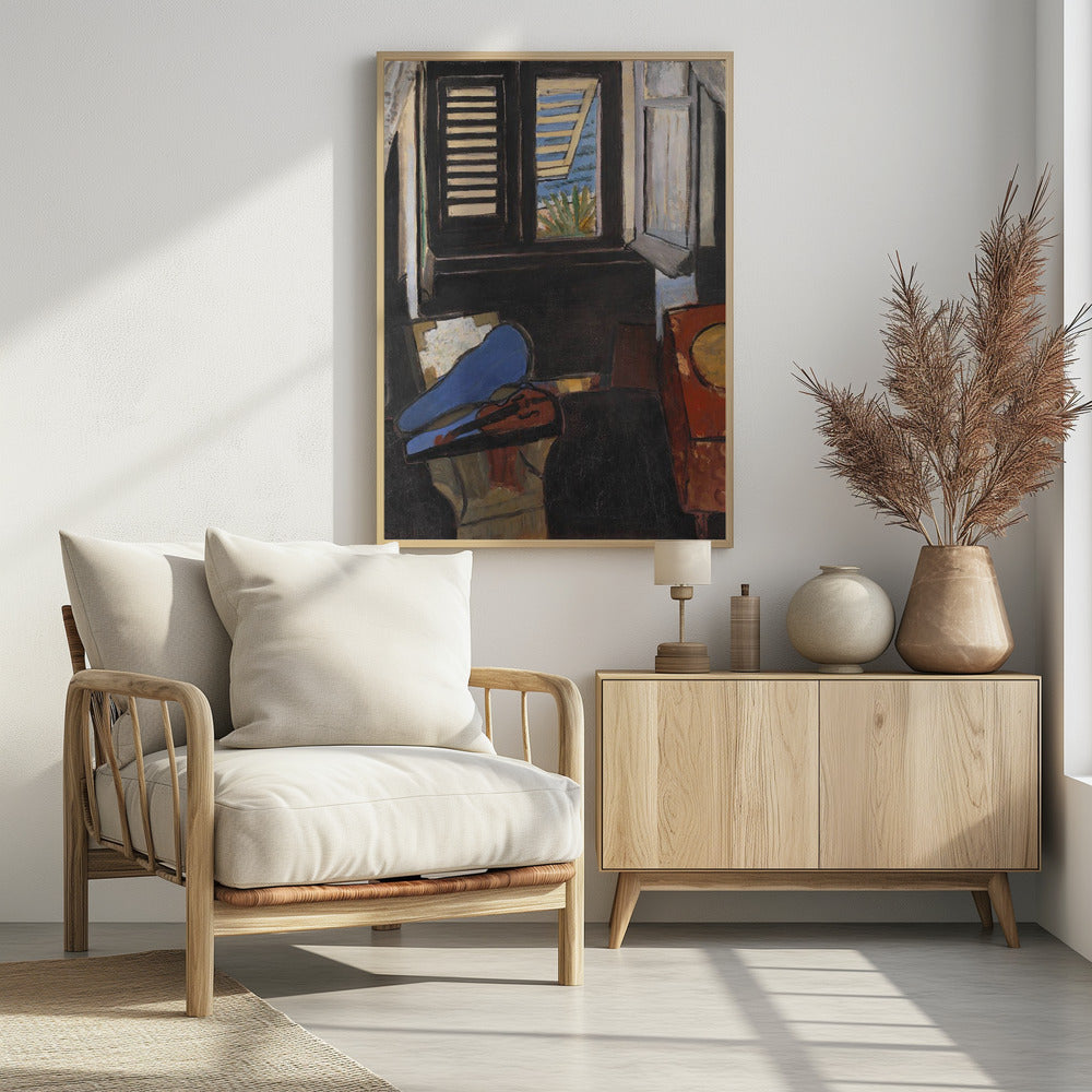 A modernist painting depicting a dark interior scene. In the foreground, a violin rests in its open case, the top of which is a vibrant blue. In the background, a window with dark shutters offers a glimpse of a bright, sunny coastal view with blue sea and green foliage. Wall Art