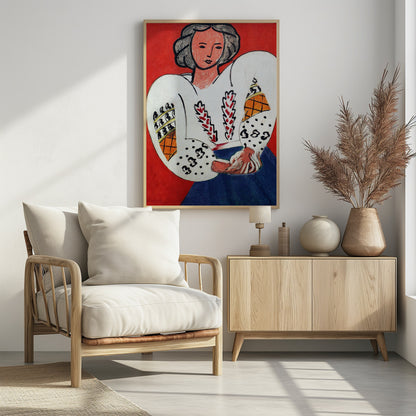 A colorful Fauvist painting by Henri Matisse depicting a woman with dark hair against a bold red background. She is wearing a traditional white Romanian blouse with voluminous, patterned sleeves and a blue skirt, with her hands clasped in her lap. Wall Art