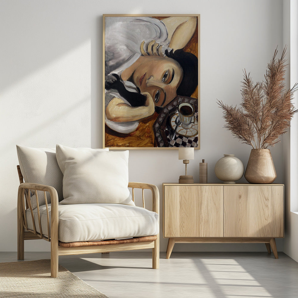 A Fauvist-style painting depicting a woman with dark hair and one black glove, reclining with her head tilted towards the viewer. Next to her is a checkered tray holding a cup of coffee. Poster