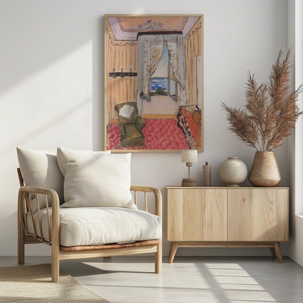 An impressionistic painting of a cozy room with an open window overlooking a bright blue sea. The room is decorated with peach-colored walls, a pink patterned rug, and a green armchair, creating a warm, inviting atmosphere. Print