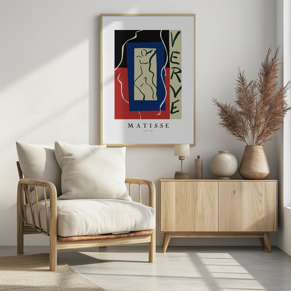 A framed art print of Henri Matisse's 'Verve' from 1937. The abstract composition features bold color blocks of black, red, and blue. In the center is a line drawing of a dancing figure, and the word 'VERVE' is written vertically on the right side. Poster