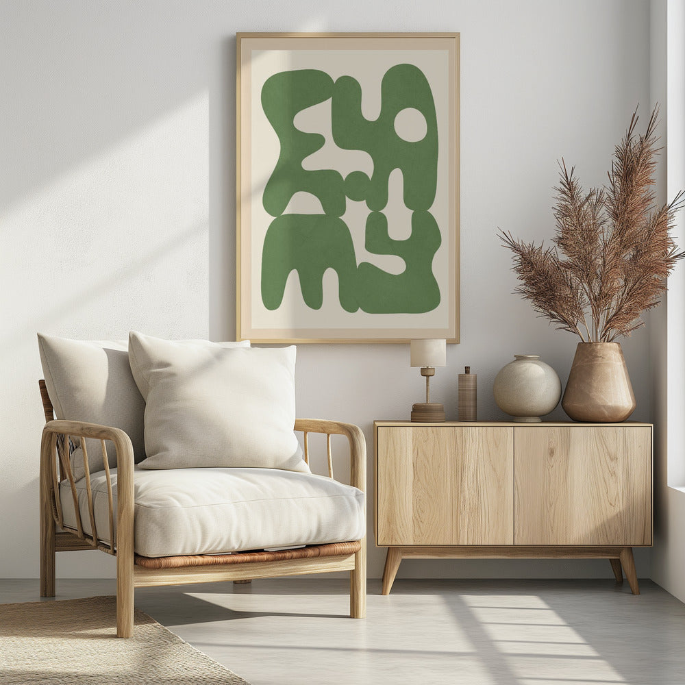 A framed abstract art print featuring large, organic, sage green shapes with soft, rounded edges against a solid cream background. The shapes interlock and create intriguing negative spaces, giving the composition a modern and balanced feel. Poster