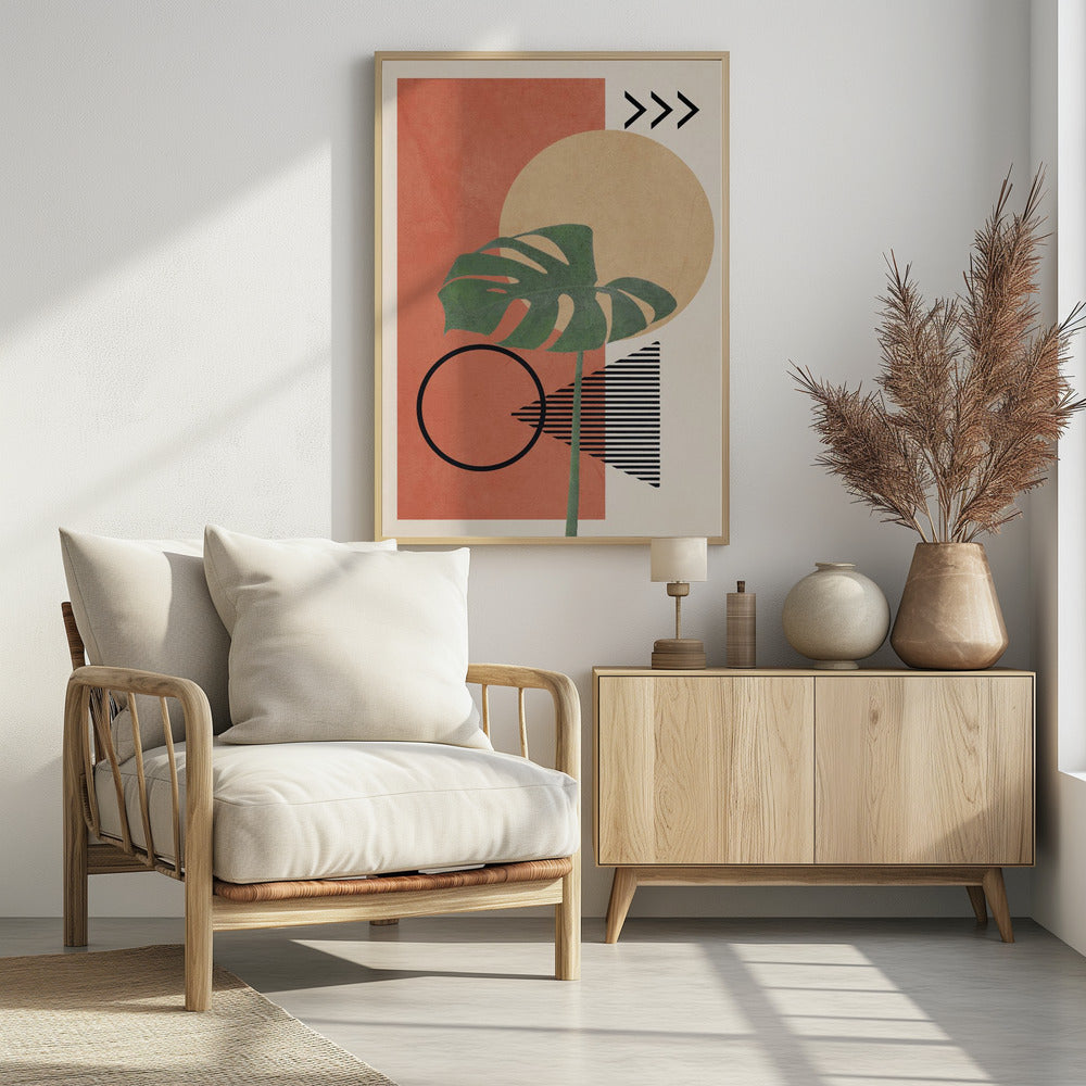 A modern abstract art print featuring a large green monstera leaf overlaid on a collection of geometric shapes. The background includes a terracotta rectangle, a large beige circle, and a cream-colored area with a striped triangle and three chevrons. A black outline of a circle sits in the lower left. Print