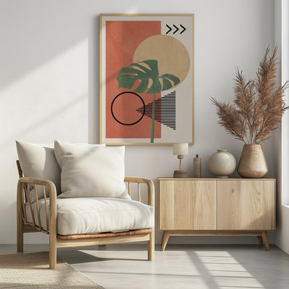 A modern abstract art print featuring a large green monstera leaf overlaid on a collection of geometric shapes. The background includes a terracotta rectangle, a large beige circle, and a cream-colored area with a striped triangle and three chevrons. A black outline of a circle sits in the lower left. Print