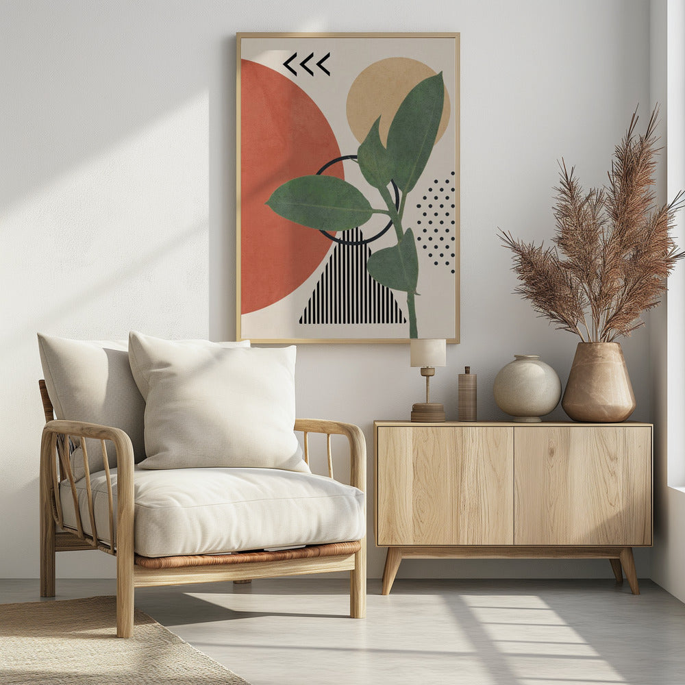 A modern abstract art print featuring a green leafy plant overlaid on a collage of geometric shapes, including a large terracotta circle, a beige circle, a black and white striped triangle, and a pattern of black dots, all on a cream background. Print