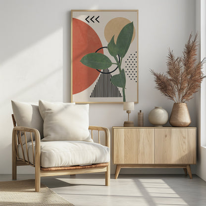 A modern abstract art print featuring a green leafy plant overlaid on a collage of geometric shapes, including a large terracotta circle, a beige circle, a black and white striped triangle, and a pattern of black dots, all on a cream background. Print