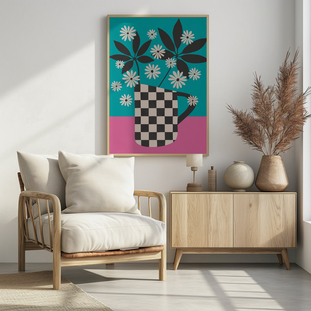 A graphic illustration of stylized white daisies and dark leaves in a black and white checkered vase, set against a color-blocked background of vibrant teal and pink. Wall Art