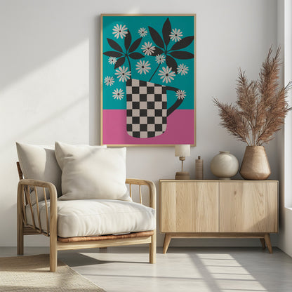A graphic illustration of stylized white daisies and dark leaves in a black and white checkered vase, set against a color-blocked background of vibrant teal and pink. Wall Art