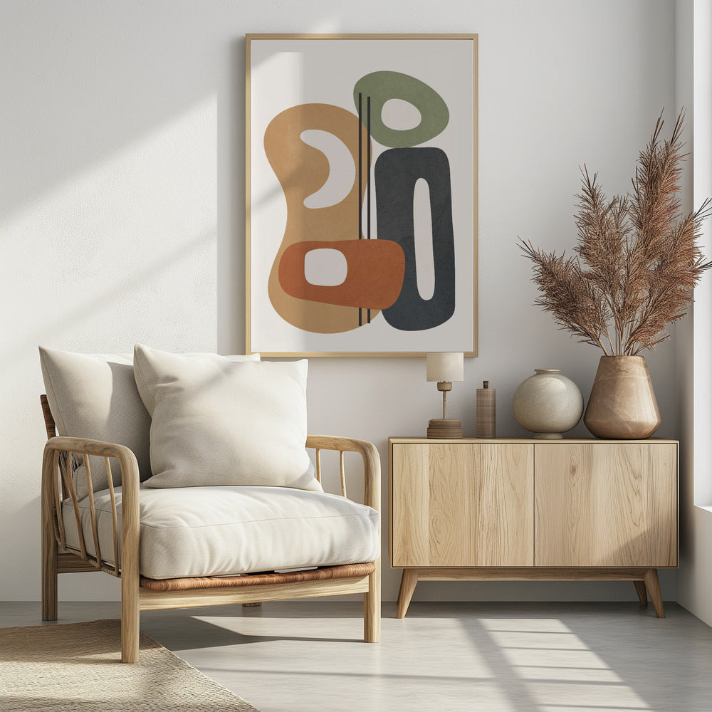 A modern abstract painting featuring a collection of overlapping organic shapes in muted tones of brown, terracotta, sage green, and dark gray. The shapes, which have rounded corners and internal cutouts, are arranged vertically on a cream-colored background, with two thin black lines dissecting the center. Wall Art