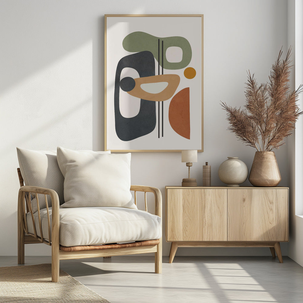 A framed abstract art piece featuring a collection of overlapping organic shapes in muted earth tones of sage green, dark grey, ochre, and terracotta. The shapes, some with cutouts, are arranged vertically against a light cream background, with three thin black vertical lines dissecting the composition. Poster