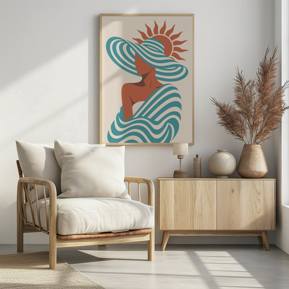 A minimalist art print of a faceless woman in a large, blue and white striped sun hat, wrapped in a matching striped shawl, with a stylized orange sun in the background against a cream-colored backdrop. Decor