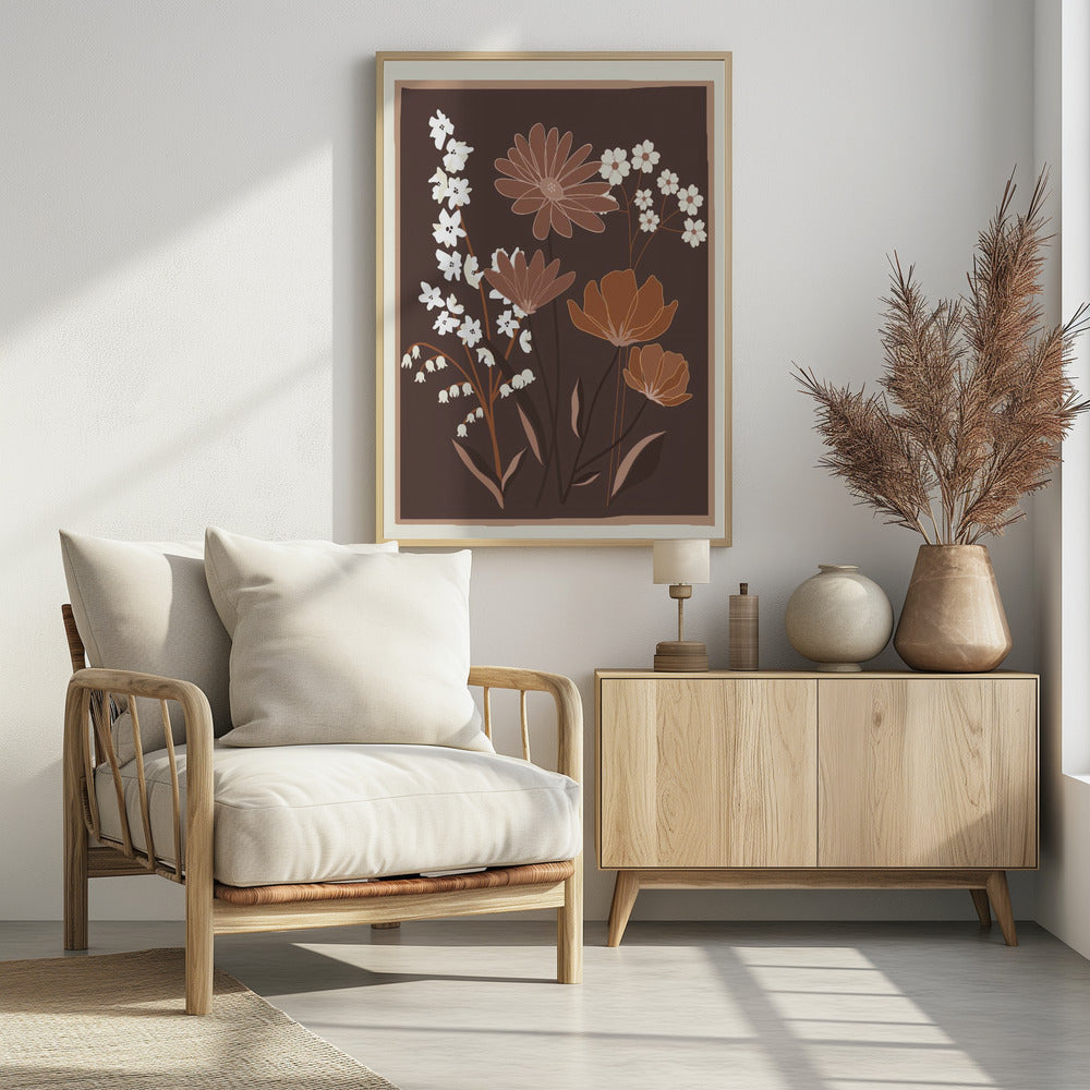 A minimalist floral illustration featuring a bouquet of stylized flowers in shades of brown, muted orange, and off-white, set against a dark chocolate brown background. The artwork is framed with a thin light brown and cream border. Decor