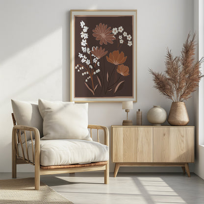 A minimalist floral illustration featuring a bouquet of stylized flowers in shades of brown, muted orange, and off-white, set against a dark chocolate brown background. The artwork is framed with a thin light brown and cream border. Decor