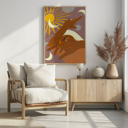 A stylized illustration of a brown-skinned person with light hair, partially obscuring their face. One arm reaches towards a radiant yellow sun, surrounded by crescent moons and planets against a dusky purple sky, creating a celestial and introspective scene. Artwork