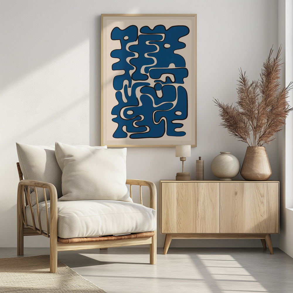 An abstract art print featuring a collection of bold, interlocking blue organic shapes with black outlines, creating a puzzle-like composition on a cream-colored background. The artwork is framed in black. Poster