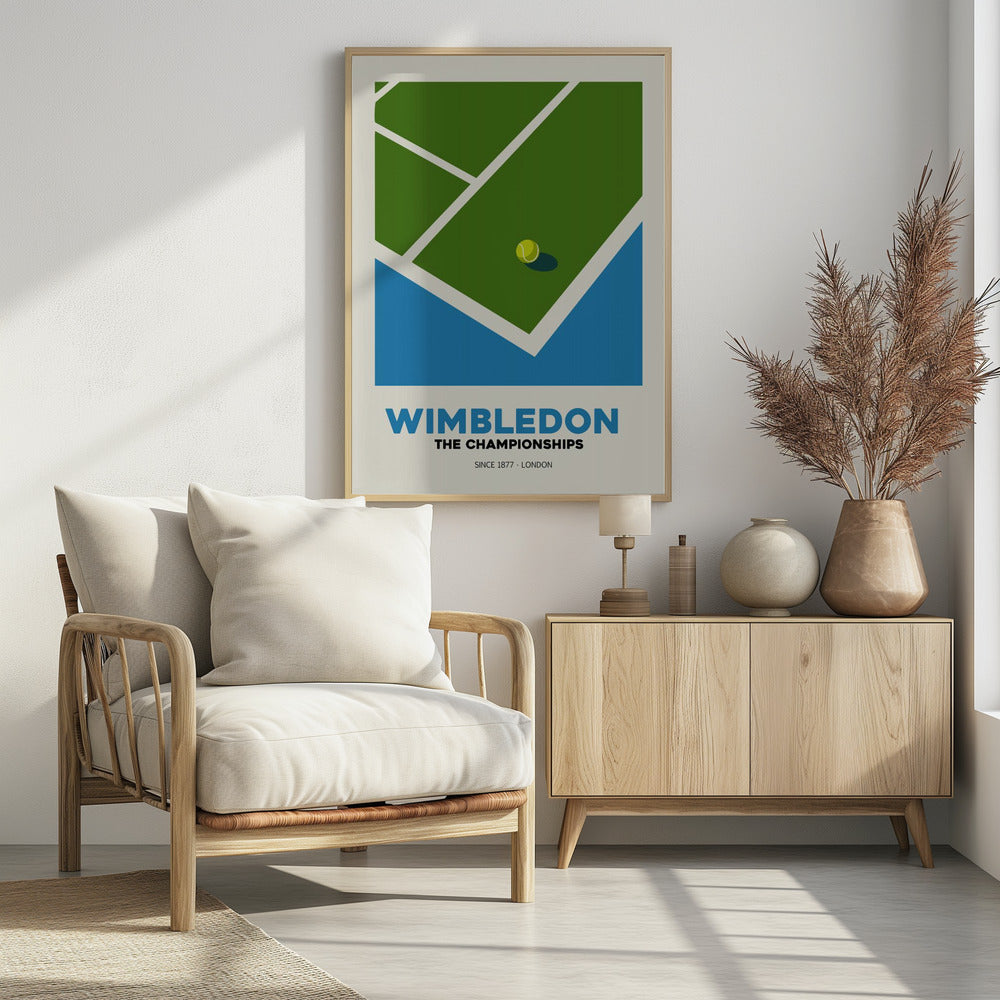 A minimalist art poster for the Wimbledon tennis championships. It features a stylized, high-angle view of a green grass court with white lines and a single tennis ball. The poster has text at the bottom that reads 'WIMBLEDON THE CHAMPIONSHIPS SINCE 1877 - LONDON' in blue and black font against a cream background. Poster