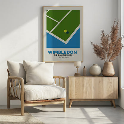 A minimalist art poster for the Wimbledon tennis championships. It features a stylized, high-angle view of a green grass court with white lines and a single tennis ball. The poster has text at the bottom that reads 'WIMBLEDON THE CHAMPIONSHIPS SINCE 1877 - LONDON' in blue and black font against a cream background. Poster