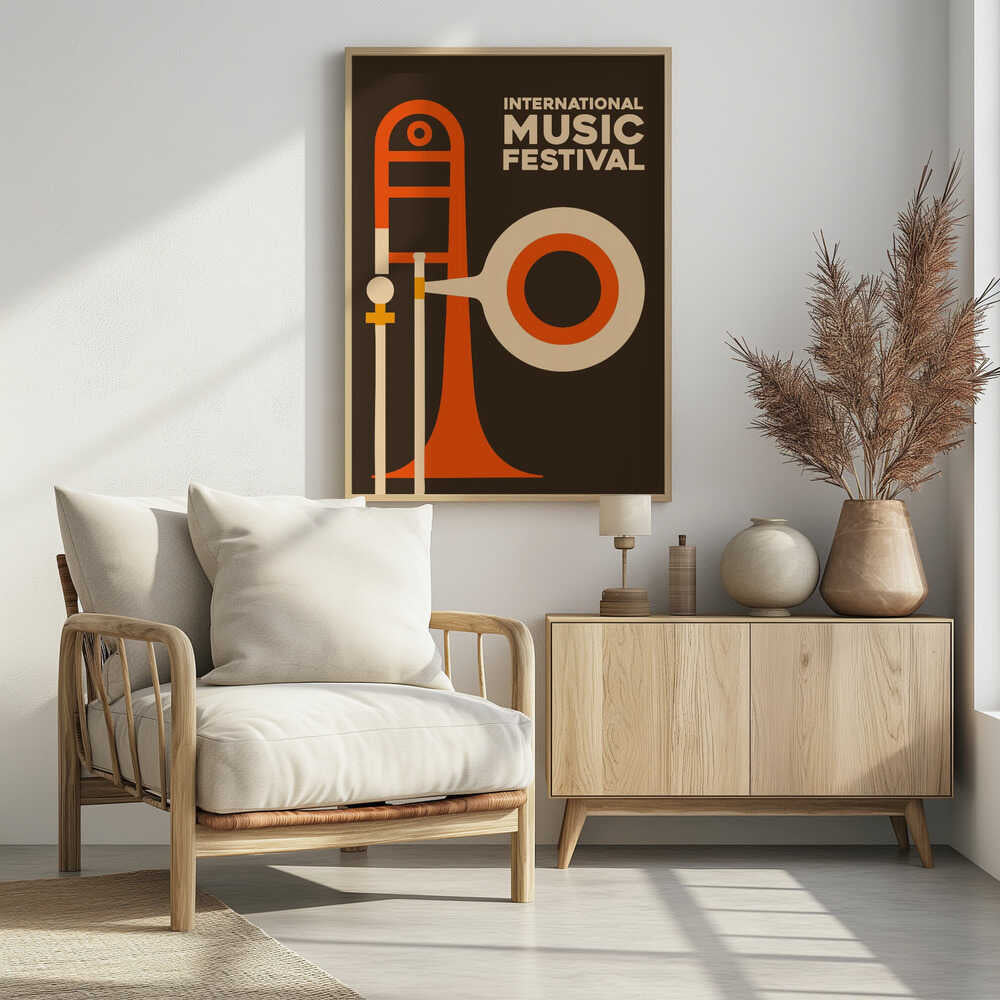 A vintage-style poster for an International Music Festival, featuring a minimalist graphic illustration of a trombone in orange and cream against a dark brown background. The text is in a cream-colored sans-serif font in the upper right. Poster