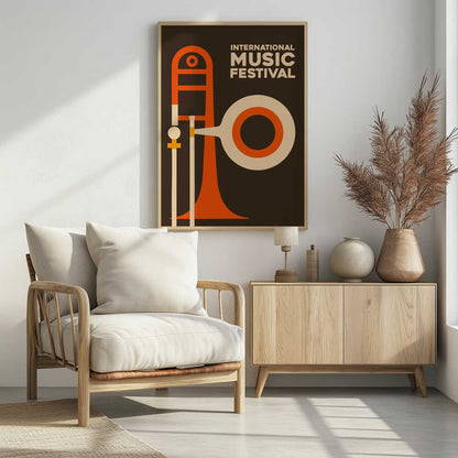 A vintage-style poster for an International Music Festival, featuring a minimalist graphic illustration of a trombone in orange and cream against a dark brown background. The text is in a cream-colored sans-serif font in the upper right. Poster