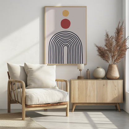 A vibrant abstract art piece, available as a poster or art print, featuring dynamic shapes and a mix of colors. Print