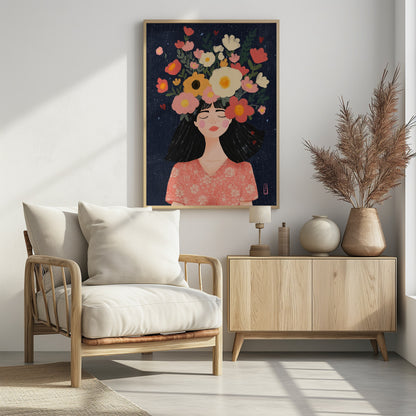 A stylized illustration of a woman with closed eyes and a peaceful smile. Her long black hair is topped with a vibrant crown of flowers in shades of pink, red, yellow, and white against a dark blue, starry background. Wall Art