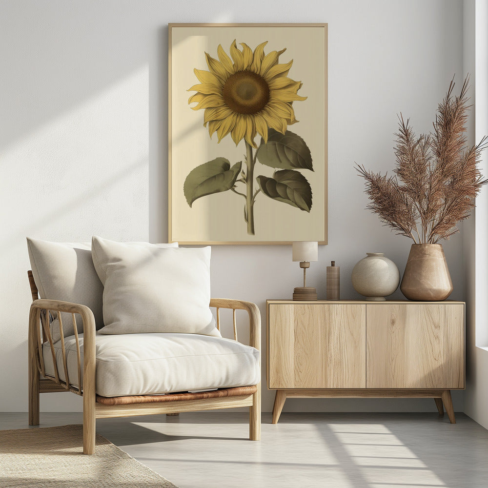 A vintage botanical illustration of a single large sunflower in a black frame. The flower has bright yellow petals, a detailed brown center, and is attached to a thick green stem with large leaves, all set against a cream background. Decor