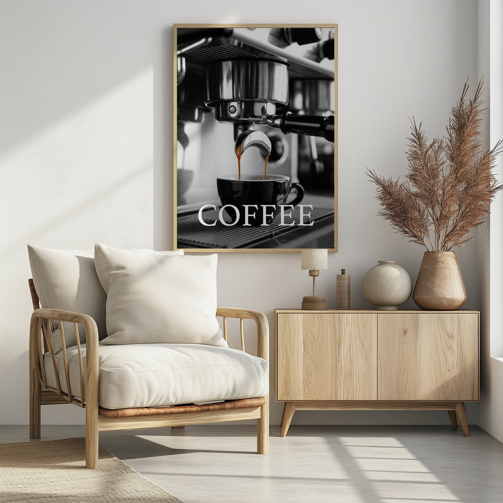 A selective color, black and white close-up photograph of an espresso machine pouring two streams of rich brown espresso into a black coffee cup. The word 'COFFEE' is overlaid in large white capital letters at the bottom of the image. Poster
