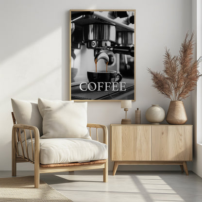 A selective color, black and white close-up photograph of an espresso machine pouring two streams of rich brown espresso into a black coffee cup. The word 'COFFEE' is overlaid in large white capital letters at the bottom of the image. Poster