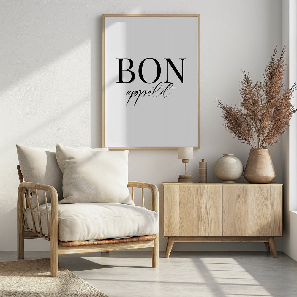 An art print titled 'Bon Appetit No 1', featuring text or imagery related to food and dining. Decor