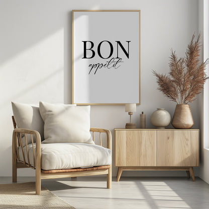 An art print titled 'Bon Appetit No 1', featuring text or imagery related to food and dining. Decor