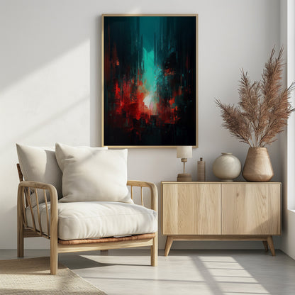 An abstract digital painting of a futuristic city. Tall, dark vertical shapes resembling skyscrapers are contrasted by a glowing teal light in the center and vibrant, chaotic red brushstrokes in the foreground, creating a moody and dramatic urban scene. Print