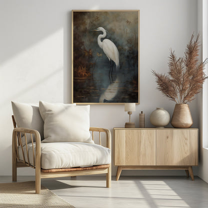 A realistic painting of a majestic white egret standing elegantly in still, dark water. Its reflection is cast below it, and the background is a moody, atmospheric marsh with muted brown and grey tones. The artwork is presented in a simple black frame. Decor