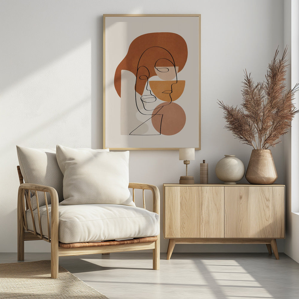 Abstract art print depicting stylized faces with a textured clay-like appearance, in warm earthy tones. Artwork