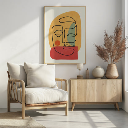 A modern abstract art print featuring a continuous black line drawing of a face. The face is drawn over layered, textured shapes in muted orange, red, and sage green on an off-white background, all enclosed in a thin black frame. Poster