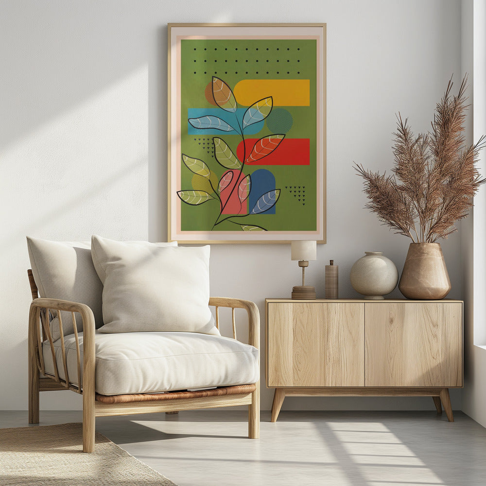 A modern abstract botanical print featuring a stylized plant with black stems and multi-colored, patterned leaves. The background is olive green and layered with bold geometric shapes in yellow, blue, and red, along with decorative patterns of black dots and triangles. The piece is shown within a black frame. Decor