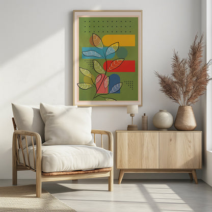 A modern abstract botanical print featuring a stylized plant with black stems and multi-colored, patterned leaves. The background is olive green and layered with bold geometric shapes in yellow, blue, and red, along with decorative patterns of black dots and triangles. The piece is shown within a black frame. Decor