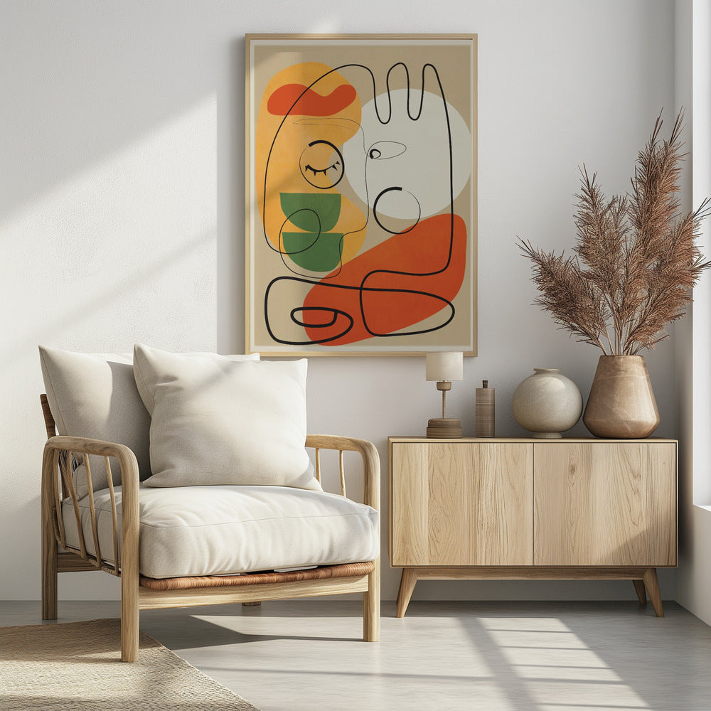 A modern abstract artwork featuring a single continuous black line that forms two stylized faces against a beige background. The composition includes colorful organic shapes in orange, yellow, green, and a large white circle, creating a minimalist and surreal feel. Wall Art