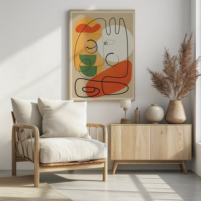 A modern abstract artwork featuring a single continuous black line that forms two stylized faces against a beige background. The composition includes colorful organic shapes in orange, yellow, green, and a large white circle, creating a minimalist and surreal feel. Wall Art