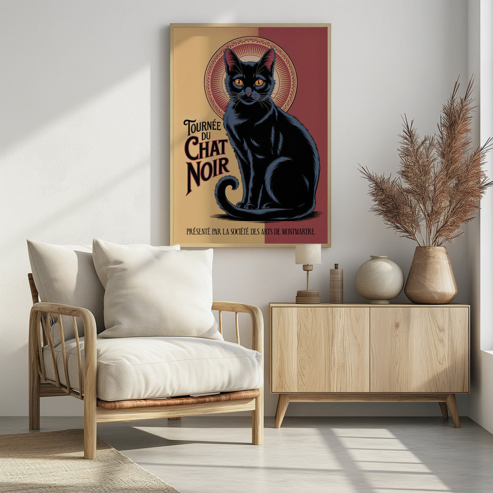 A vintage French poster titled 'Tournée du Chat Noir'. It features a large, stylized black cat with prominent orange eyes sitting against a circular, halo-like design. The background is split between pale yellow and deep red. The poster includes French text in an Art Nouveau style. Artwork