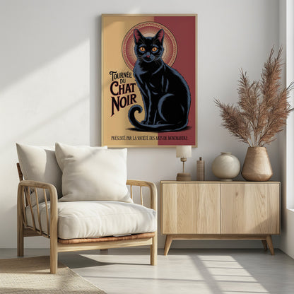 A vintage French poster titled 'Tournée du Chat Noir'. It features a large, stylized black cat with prominent orange eyes sitting against a circular, halo-like design. The background is split between pale yellow and deep red. The poster includes French text in an Art Nouveau style. Artwork